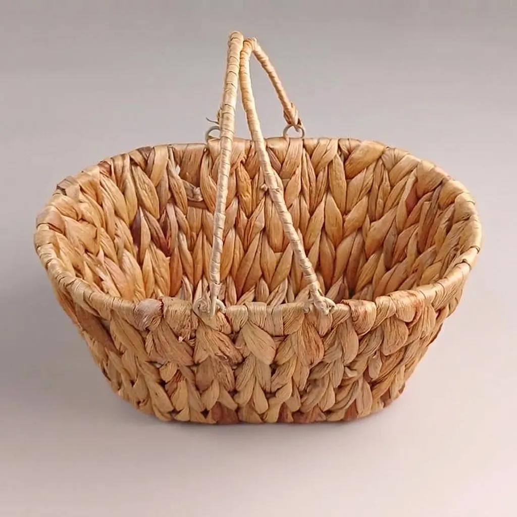 Cesta de Almacenamiento de Jacinto de Agua Tejida a Mano Cesta de Pan de Paja Natural Con Asas Para Cocina Fruta Hogar