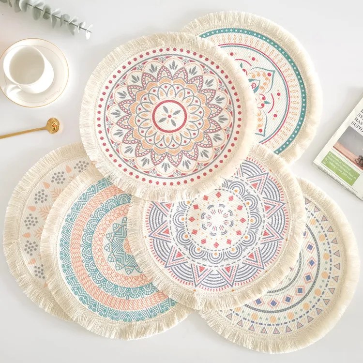 Bohemian Round Placemat Cotton Woven Mandala Print Tassel Heat Resistant Place Mat For Dining Table Home Decor