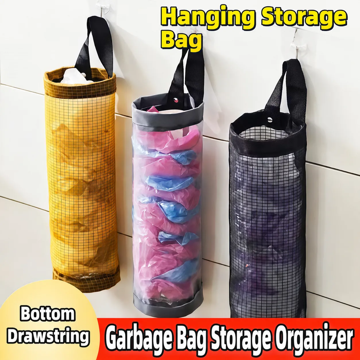Wall Mounted Plastic Bag Holder Mesh Grocery Bag Dispenser Hanging Storage Organizer For Kitchen Home Space Saving