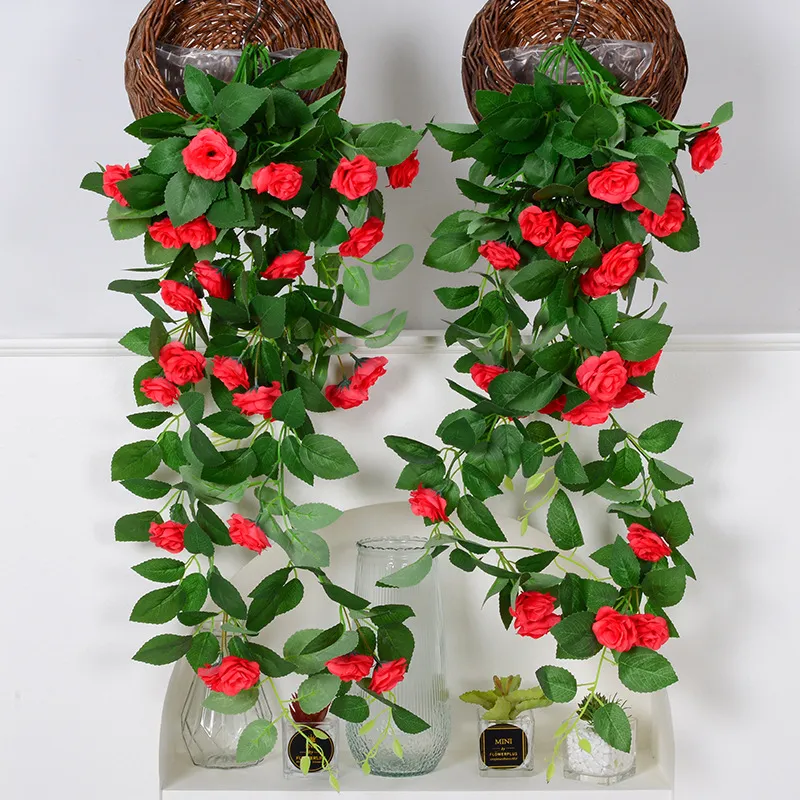 Guirnalda Colgante de Vid de Flores de Rosa Artificial de Seda Estilo Campestre Plantas Falsas para Decoración de Pared Techo Boda