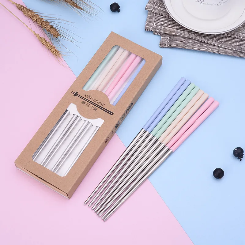 Set di Bacchette in Acciaio Inossidabile 304 con Manico in Paglia di Grano Metallo Antiscivolo Stoviglie Riutilizzabili