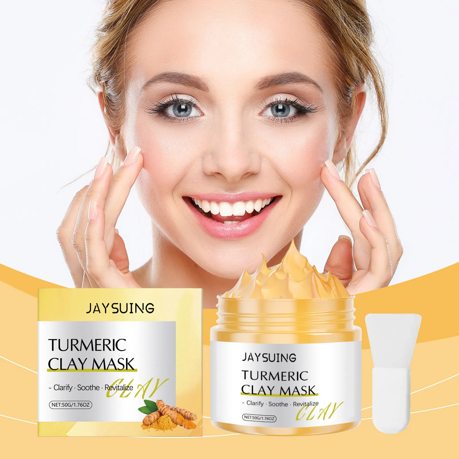 Jaysuing Masque d'Argile au Curcuma Nettoyage Visage Masque de Boue Hydratant Contrôle du Sébum Éclaircissement de la Peau Soin du Visage Avec Pinceau