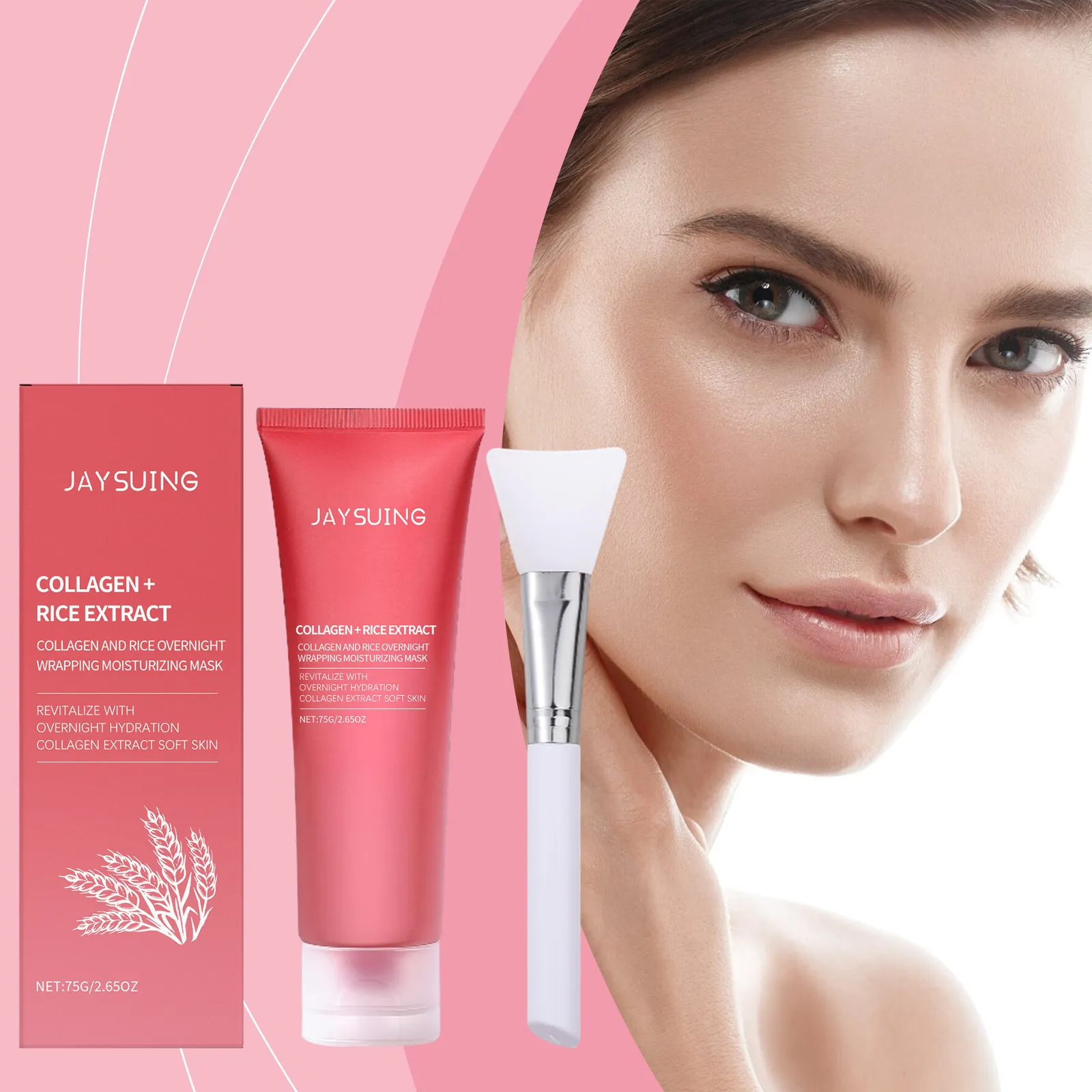 Mascarilla Facial Peel-Off de Extracto de Arroz Hidratante Profunda Colágeno Antienvejecimiento Mascarilla de Noche Con Pincel de Silicona