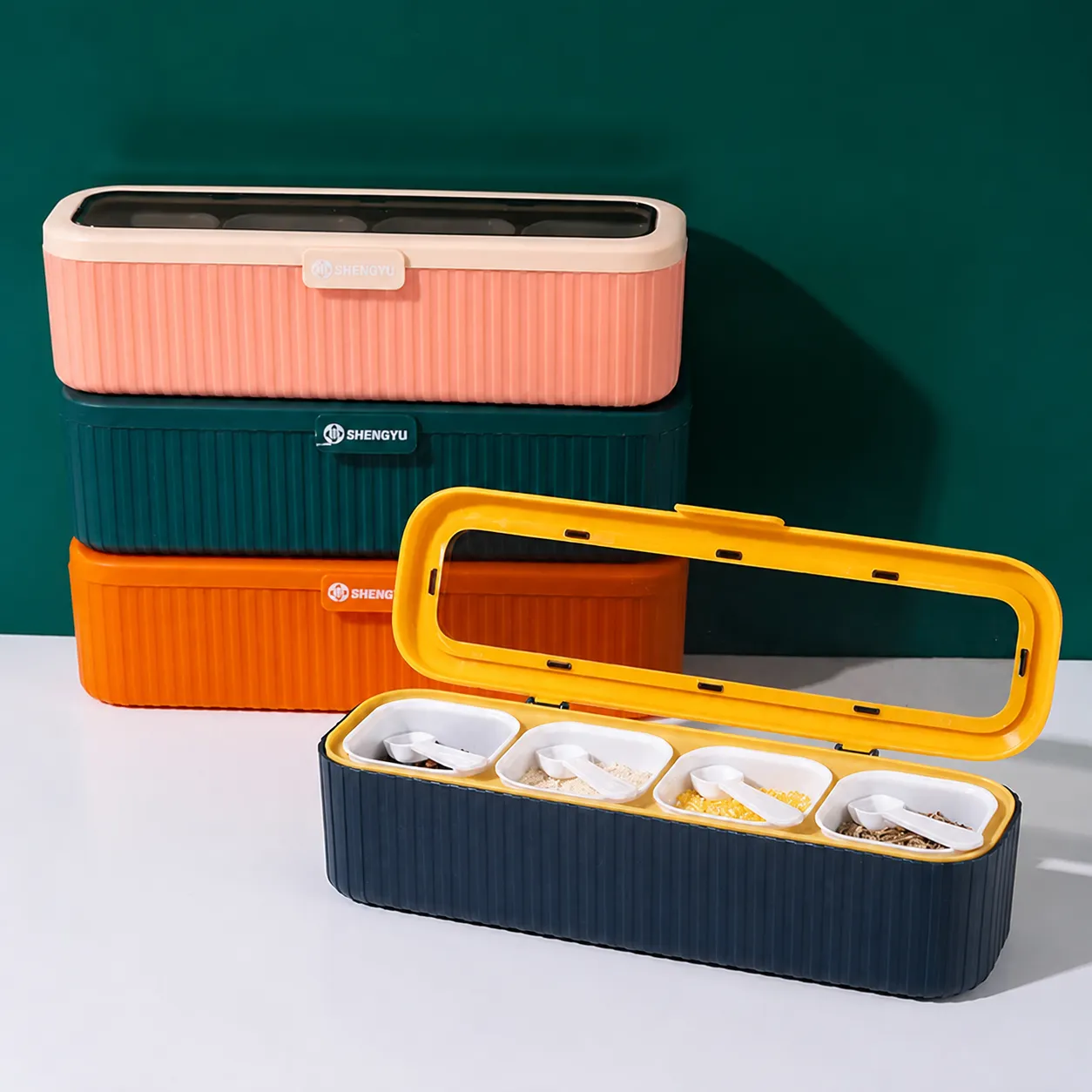 Set Scatola Portaspezie Domestica Nordica Scomparto Contenitore In Plastica Per Barattolo Di Spezie Con Coperchio E Cucchiaio Organizzatore Di Stoccaggio Per Cucina