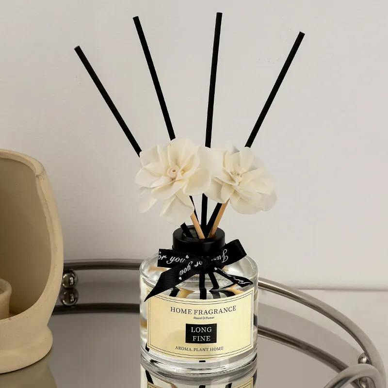 Nordic Style Home Fragrance Reed Diffuser Set 120ml Glass Bottle With Black Rattan Sticks And Sola Flower For Bedroom Hotel Air Freshener