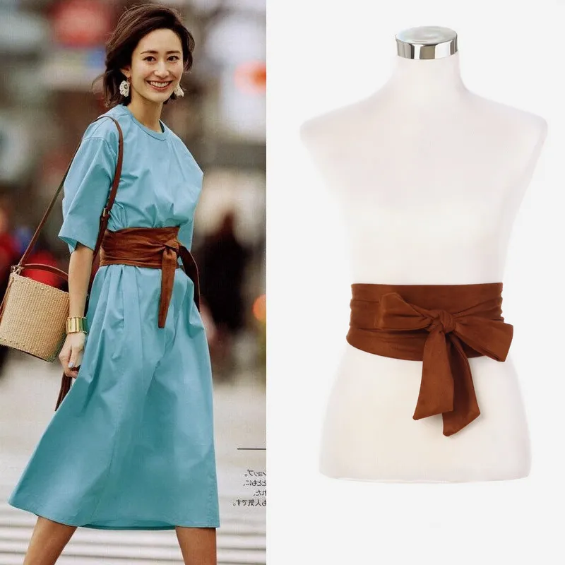 Women's Retro Japanese Style Woven Fabric Wide Waist Belt Corset Lace-Up Tie Obi Belt Dress Decorative Waistband Fashion Accessories