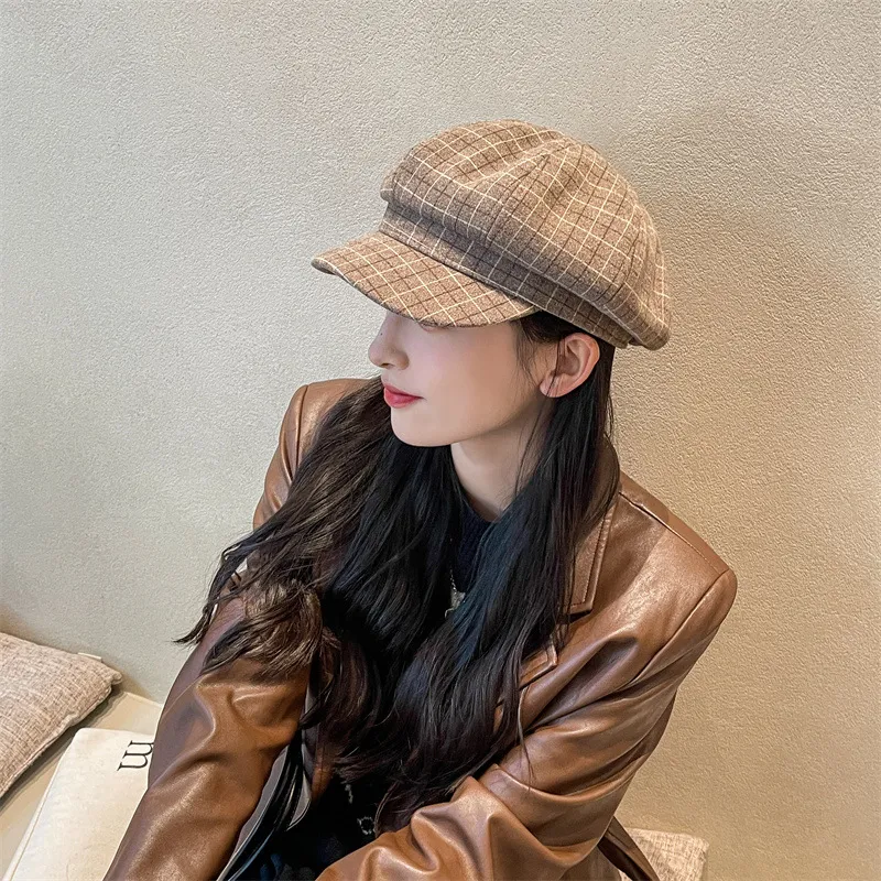 Donne Autunno Inverno Berretto a Quadri Vintage Newsboy Berretto a Becco Misto Cotone Caldo Tesa Corta Cappello Elegante Quotidiano