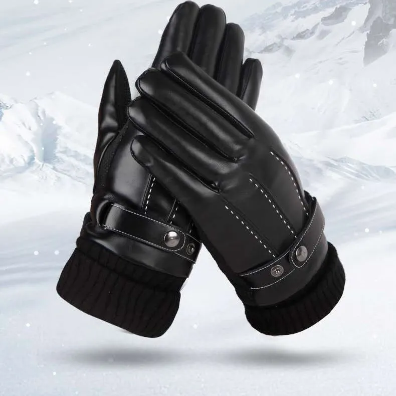 Men's Winter Warm Faux Leather Gloves Thickened Fleece Lined Windproof Cold Proof Outdoor Cycling Driving Gloves