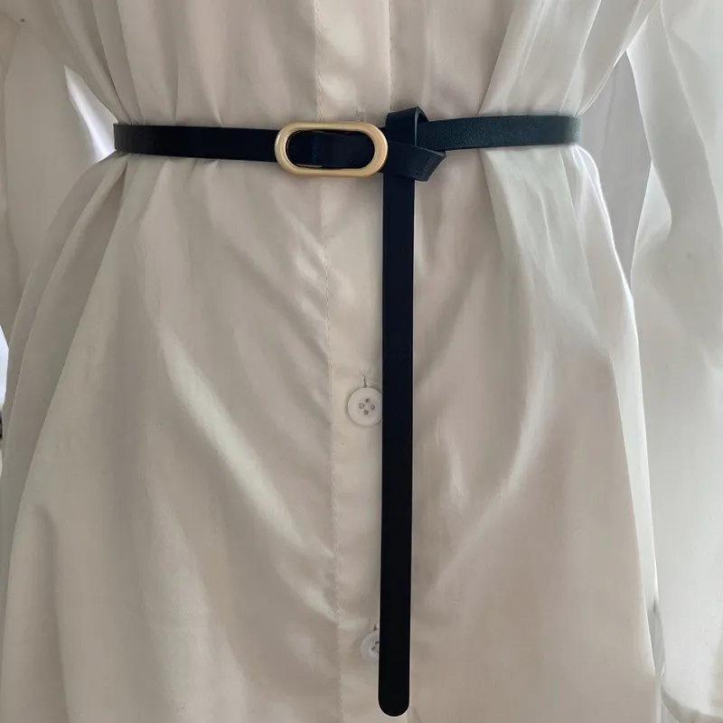 Minimalist PU Leather Belt For Women Slim Dress Suit Waist Band Gold Oval Metal Buckle Casual Everyday Fashion Accessory