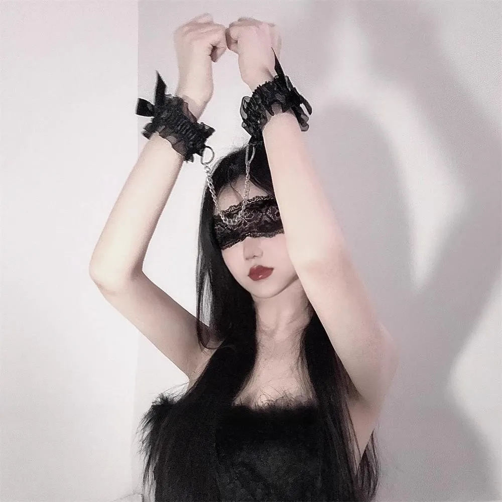 Women Lace Eye Mask Bow Handcuffs Collar Leg Ring Adult Role Play Sexy Lingerie Accessories Set