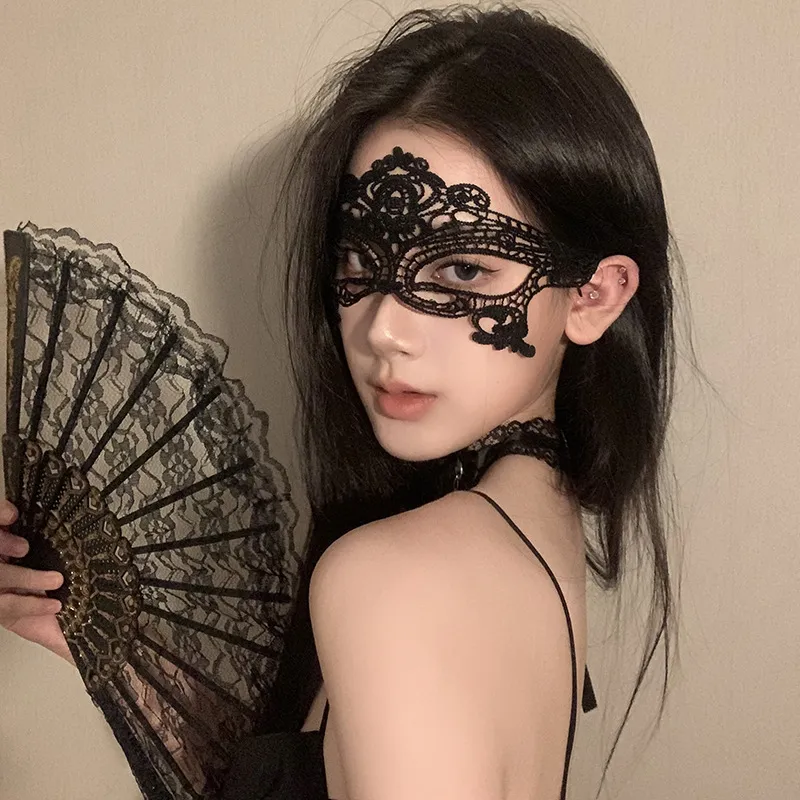 Damen Schwarze Spitzen Maske Krone Blume Haarreif Fächer Handschuhe Set Sexy Party Kostüm Ball Kleid