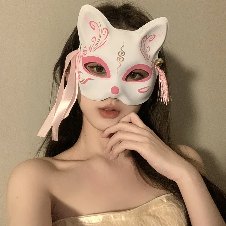 Maschera da Volpe Dipinta in Stile Tradizionale Giapponese Maschera da Mascherata a Metà Viso Con Nappa Campanella Per Festa Cosplay