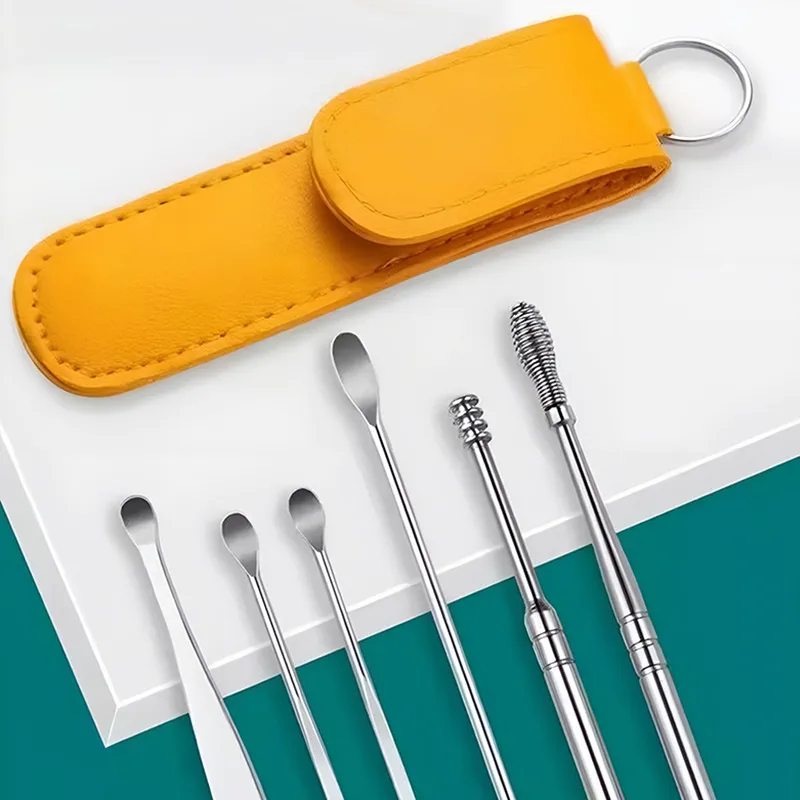 Kit De Cure-Oreilles Portable En Acier Inoxydable Outil D'Élimination Du Cérumen Avec Étui En Cuir Pour Soins Quotidiens