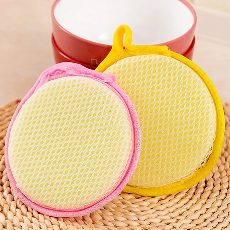 Round Double Sided Dishwashing Sponge Scouring Pad Kitchen Cleaning Cloth Pot Washing Sponge With Lanyard