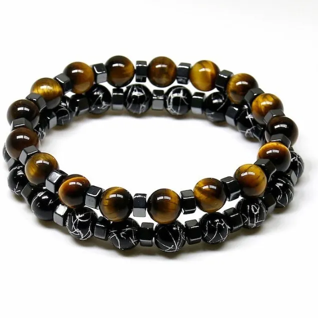 Pulsera de Abalorios de Piedra Natural Ojo de Tigre Ágata Cuentas de Metal Cuadradas Pulsera de Yoga de Doble Capa Regalo de Joyería