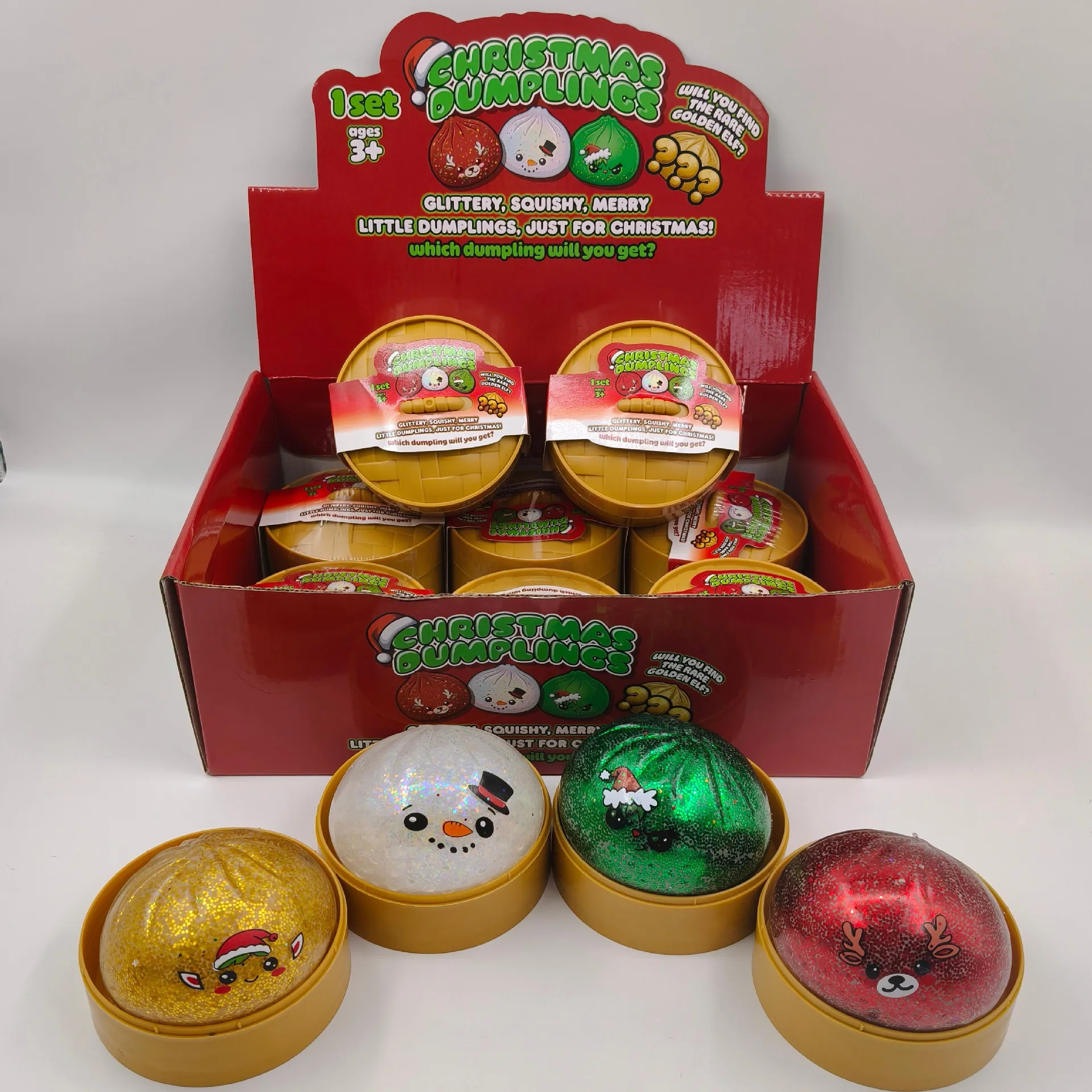 Jouets Anti-stress Squishy Dumplings de Noël Pailletés TPR Motif Bonhomme de Neige Renne Cadeaux Festifs
