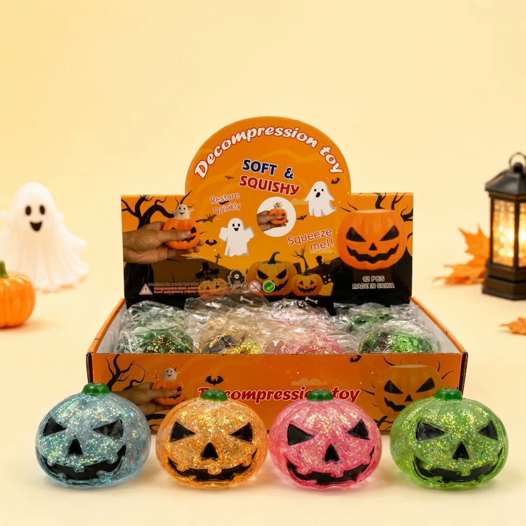 Halloween Pumpkin Ghost Face Squishy Toy Soft TPR Decompression Toy With Glitter Filling For Kids Adults Stress Relief Party Favor