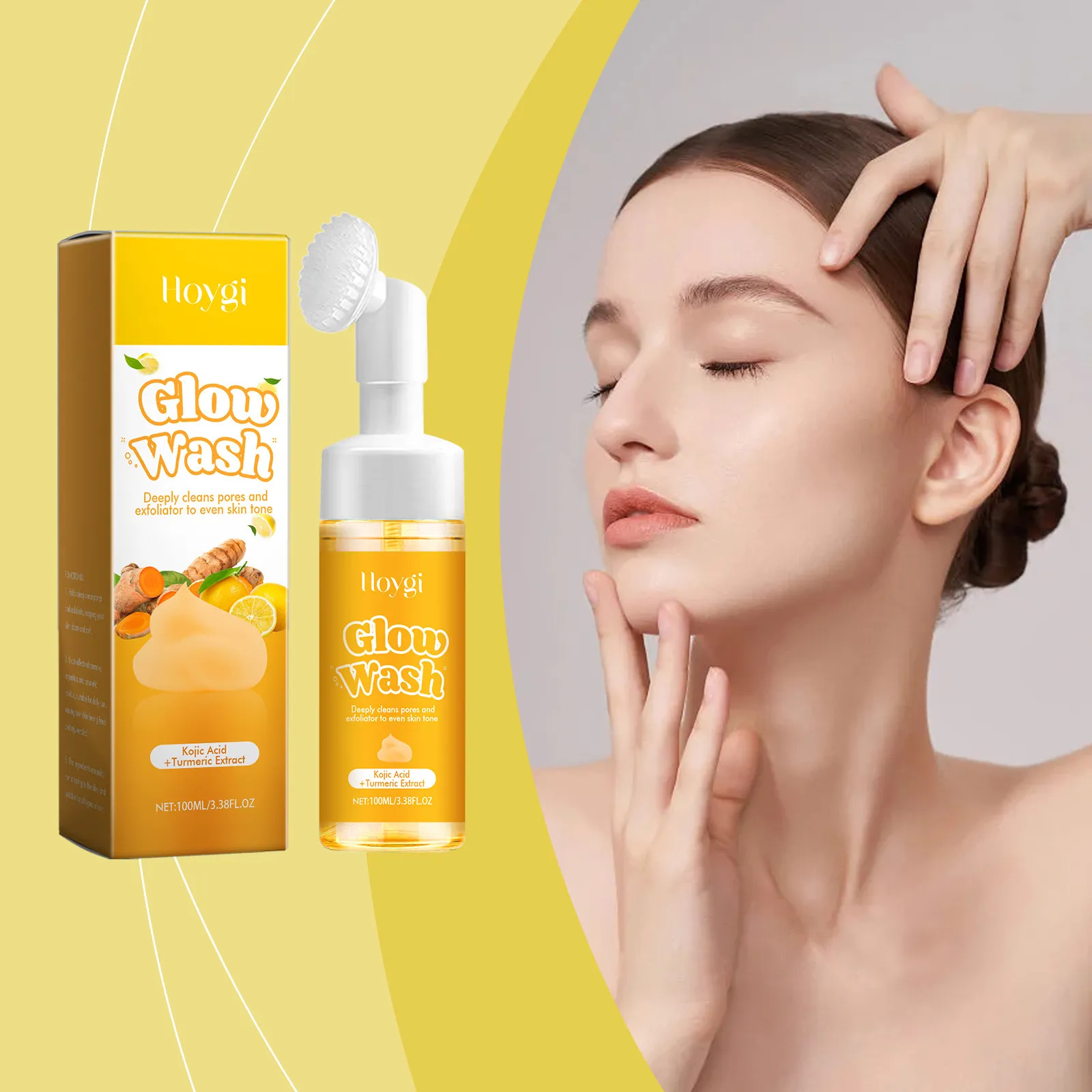 Nettoyant Visage au Curcuma Nettoyage Profond Exfoliation Douce Éclaircissant Gel Nettoyant avec Tête de Brosse Soin de la Peau
