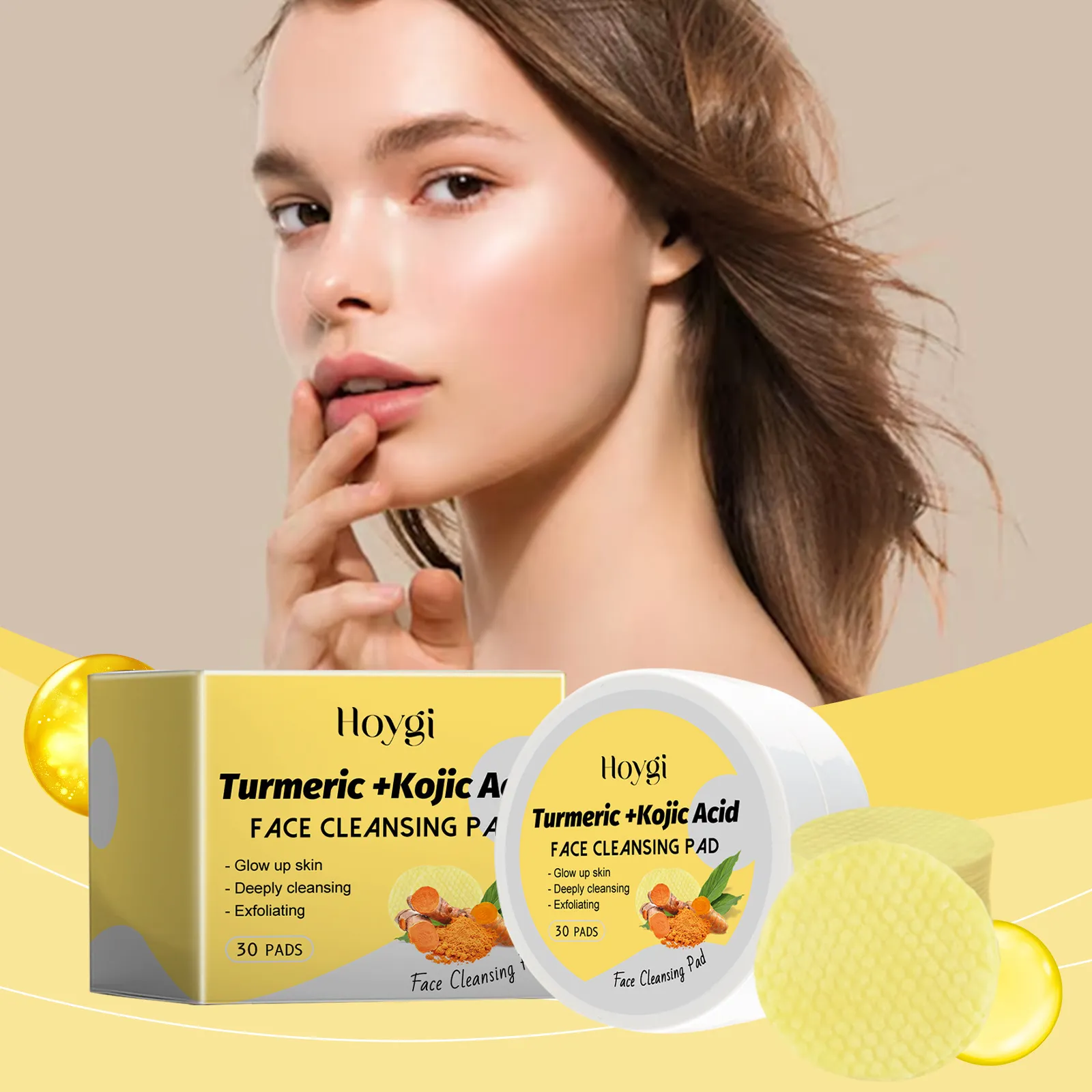 HOYGI Turmeric And Kojic Acid Face Cleansing Pads Deep Cleansing Exfoliating Brightening Facial Skincare Cotton Pads Jar