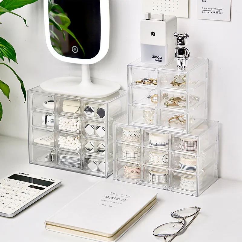Boîte de Rangement de Bureau en Plastique Transparent Organisateur de Tiroir Multi Grilles Pour Papeterie Cosmétiques Bijoux Bureau