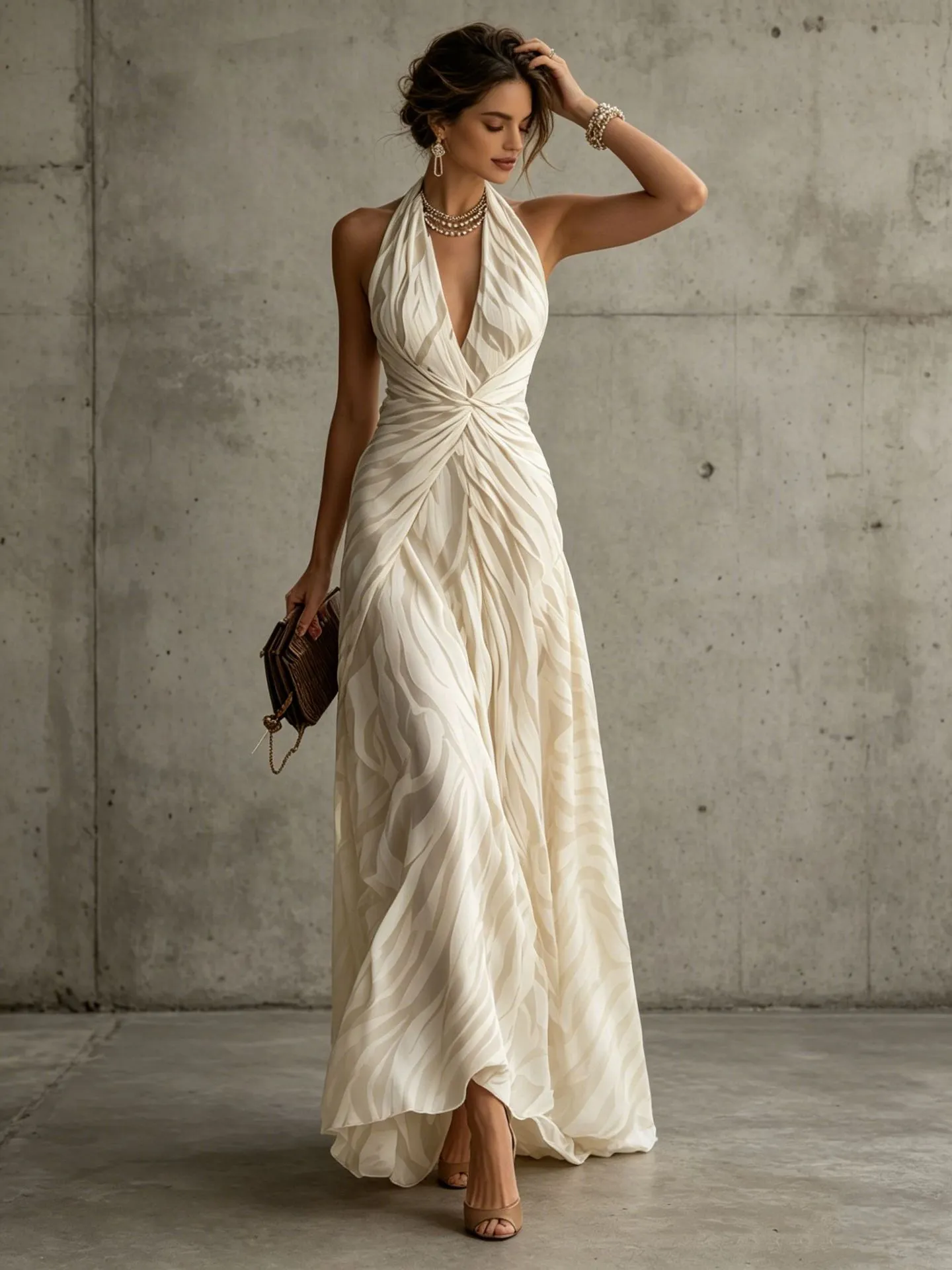 Robe Longue Maxi Plissée Halter Style Resort Français pour Femmes Élégante Sans Manches Col en V Coupe Slim Vêtements Décontractés d'Été