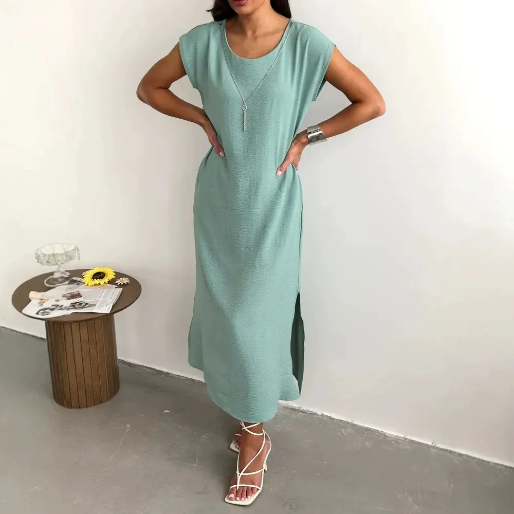 Women Casual Solid Color Sleeveless Midi Dress Summer Loose A-Line Tank Dress O-Neck Patchwork Fashion Vest Dress