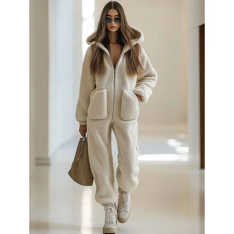 Women Casual Hooded Plush Jumpsuit Long Sleeve Zipper Pocket Solid Color Loose Straight Fleece Long Romper Loungewear
