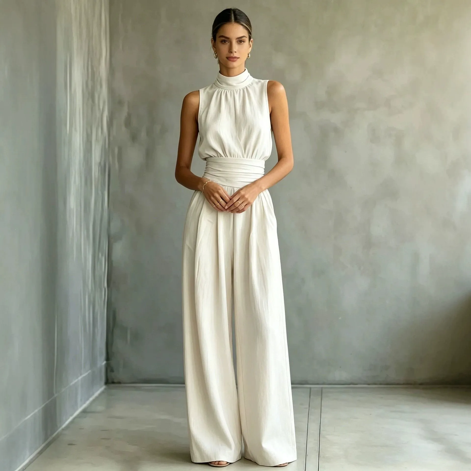 Women Casual Sleeveless Mock Neck Wide Leg Jumpsuit Polyester Solid Color High Waist Knitted Elegant Long Romper Summer Chic Fashion One-Piece Outfit