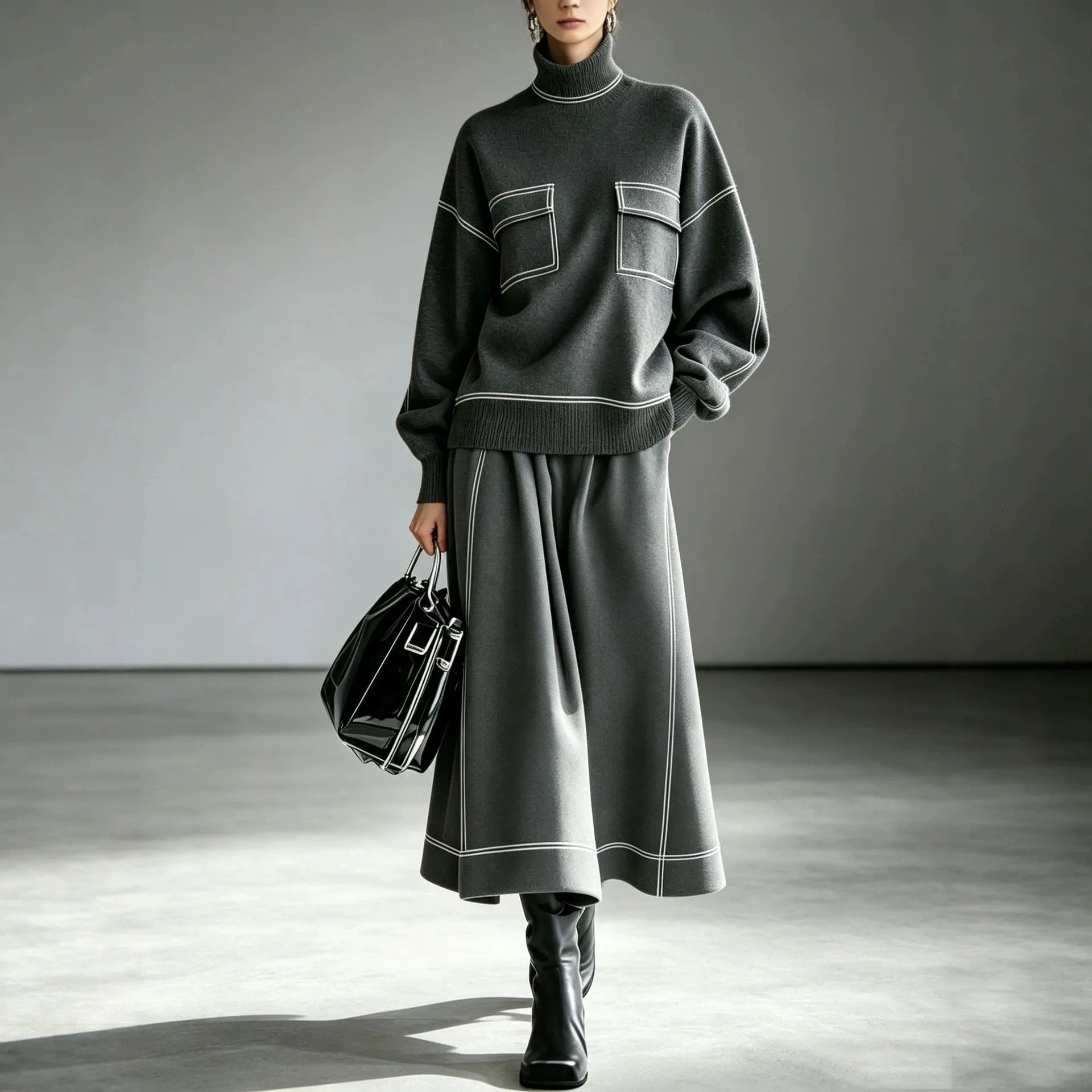 Women Autumn Winter Turtleneck Colorblock Knit Loose Flared Long Skirt Two Piece Set Elegant Casual Top And Bottom Outfit