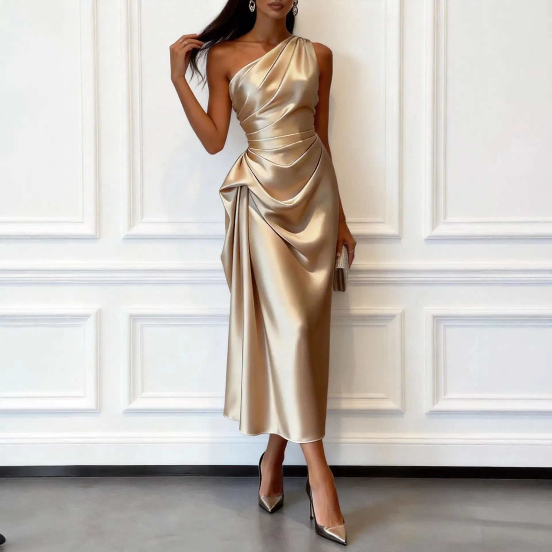 Women Elegant High Elastic Satin One Shoulder Sleeveless Slim Fit Midi Dress Sexy Evening Party Cocktail Dress
