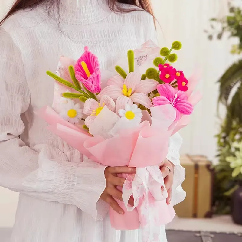 Ramo de Flores Limpiapipas Hecho a Mano Rosa Margarita Amapola Artificial Regalo Para Día de la Madre Maestro Decoración