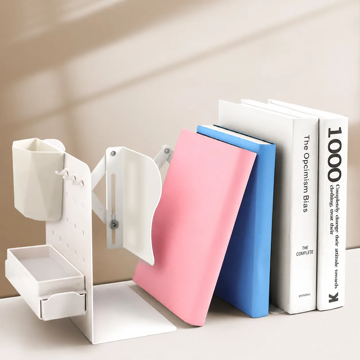 Telescopic Metal Bookends Desktop Bookshelf Adjustable Book Stand With Pen Holder And Storage Box For Office School