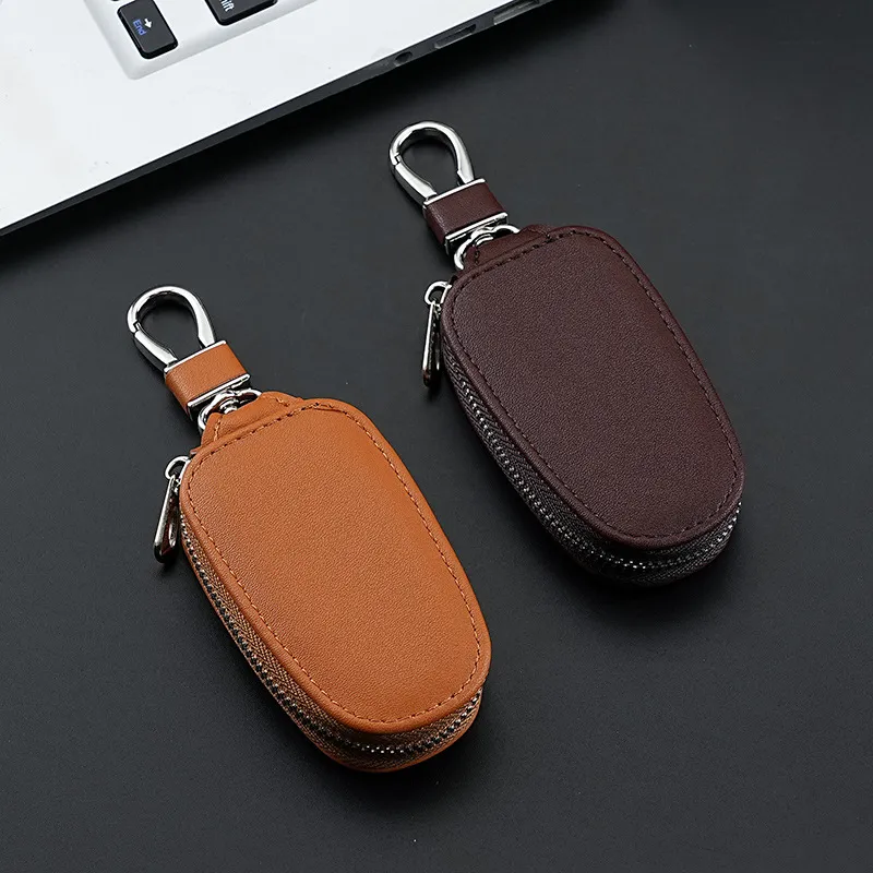 Men Women Unisex PU Leather Car Key Case Minimalist Solid Color Zipper Key Pouch With Metal Hook Chain Wallet Key Holder