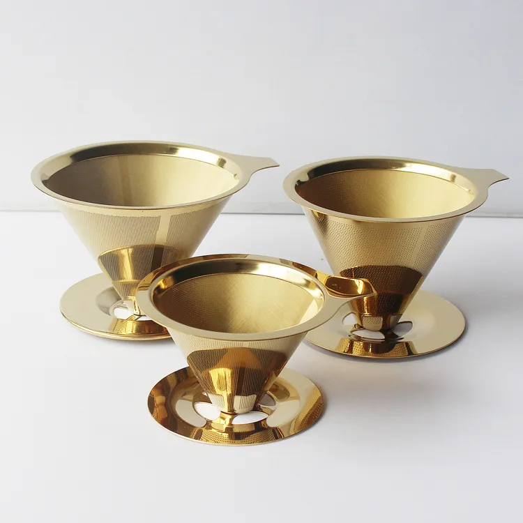 Stainless Steel Pour Over Coffee Filter Cone Permanent Coffee Dripper With Double Mesh Reusable Metal Coffee Maker