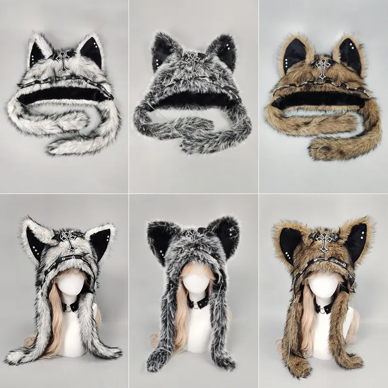 Subculture Gothic Punk Plush Cat Ear Hat Winter Warm Dark Style Cross Chain Fluffy Cap Women Fashion Streetwear