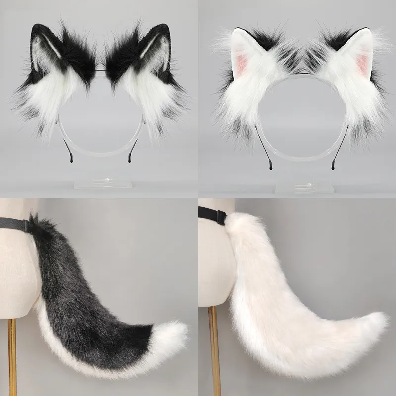 Handmade Plush Animal Ears Headband And Tail Set Anime Cosplay Costume Prop Black And White Fluffy Tail Party Dress Up