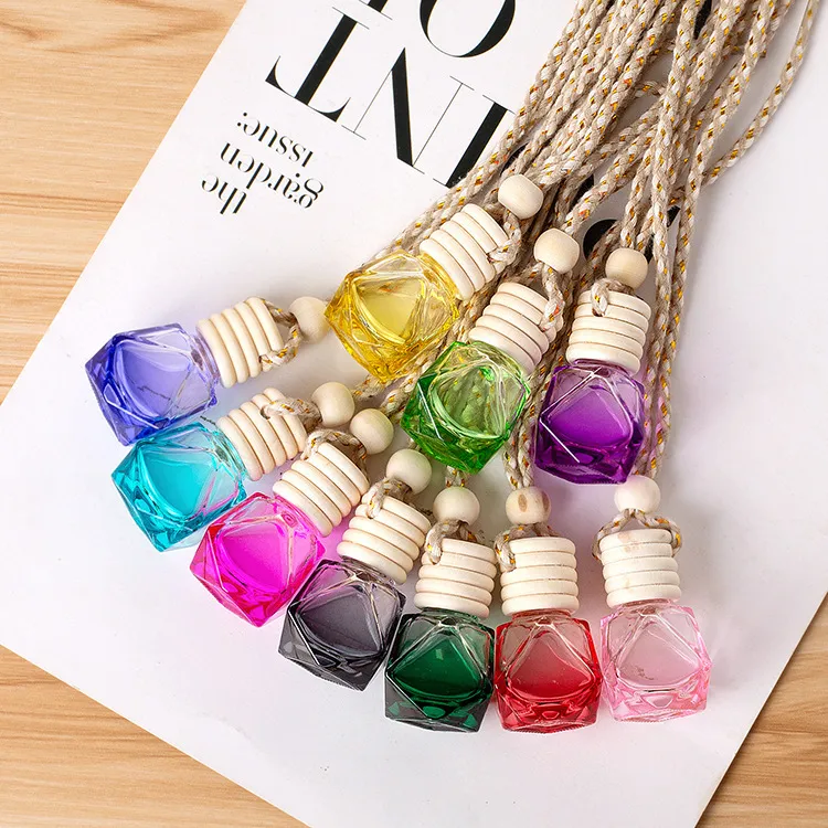 Colorful Glass Rhombus Car Perfume Bottle Rearview Mirror Hanging Ornament Essential Oil Diffuser Empty Bottle Decor
