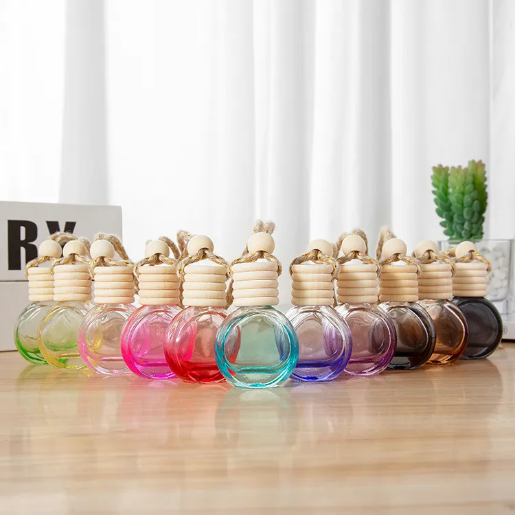 Glass Car Perfume Bottle Essential Oil Diffuser Pendant With Wooden Cap And Hanging Rope For Vehicle Wardrobe