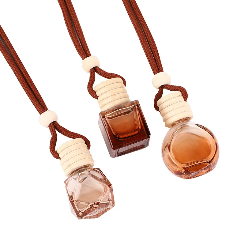 Flacon de Parfum de Voiture en Verre Marron Pendentif Diffuseur d'Huile Essentielle Vide avec Couvercle en Bois et Corde Suspendue Décoration Intérieure de Voiture