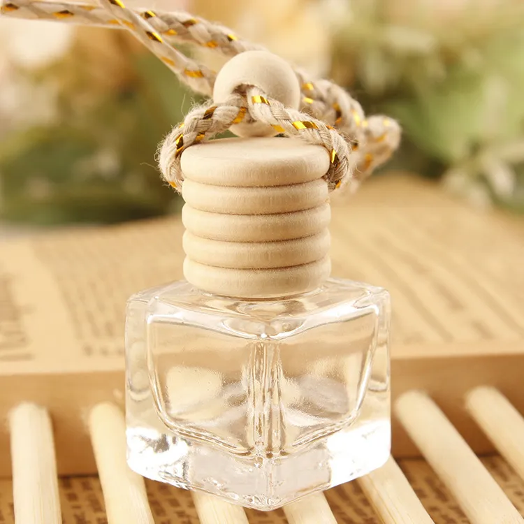 Transparent Square Glass Perfume Bottle Car Pendant Empty Essential Oil Diffuser Bottle With Wooden Cap And Hanging Rope