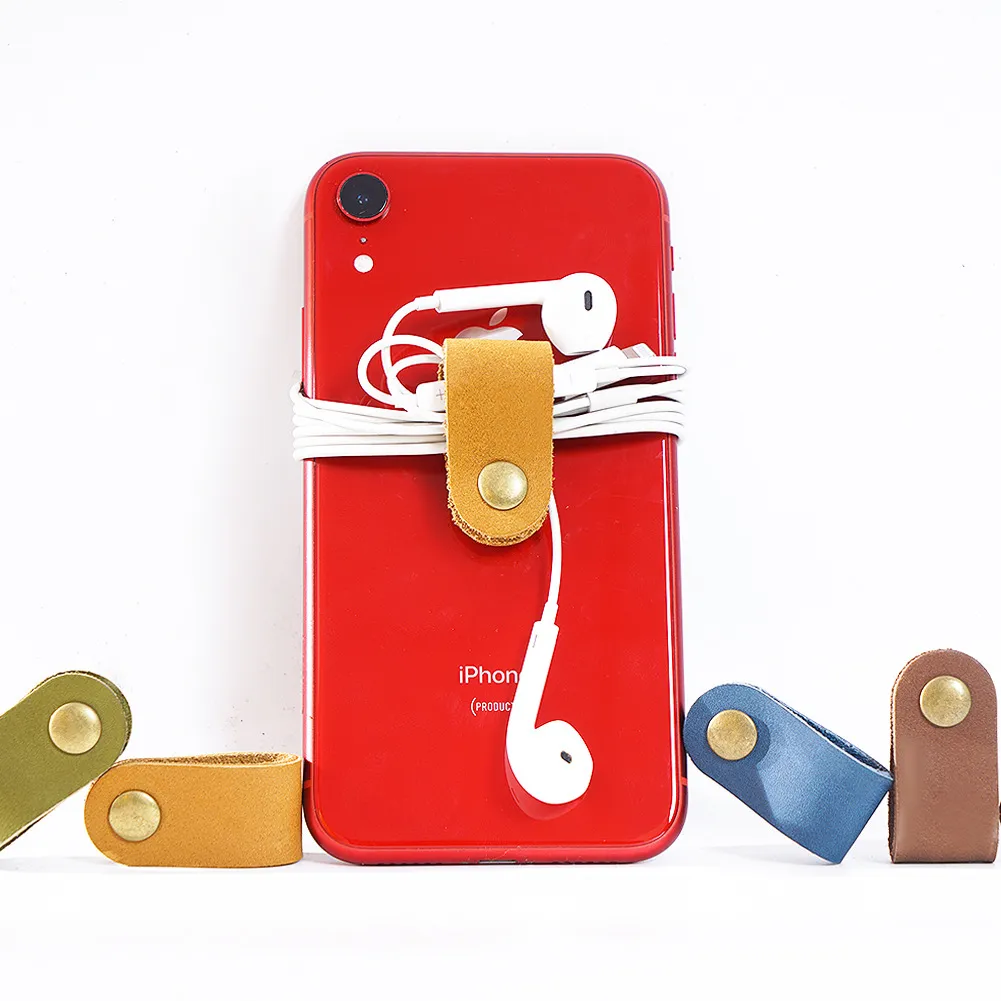 Organisateur de Câble en Véritable Cuir Minimaliste Enrouleur de Câble pour Écouteurs Boucle de Rangement Support Anti-Nœuds