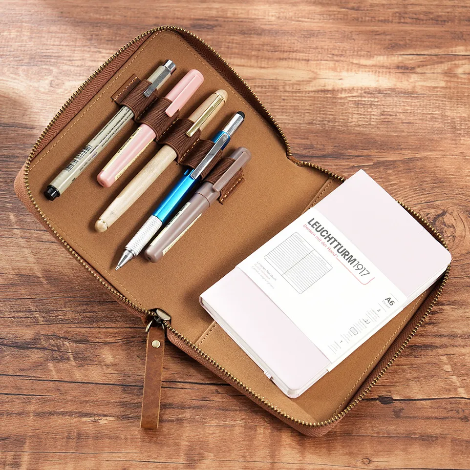Vintage Top Grain Cowhide A6 Zipper Planner Cover Loose Leaf Notebook Binder Diary Organizer Gift For Women Men