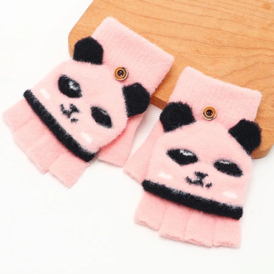 Enfants Mignon Panda de Dessin Animé Peluche Épaissi Gants Chauds Hiver Demi-Doigt Rabat Protection Contre le Froid Mitaines