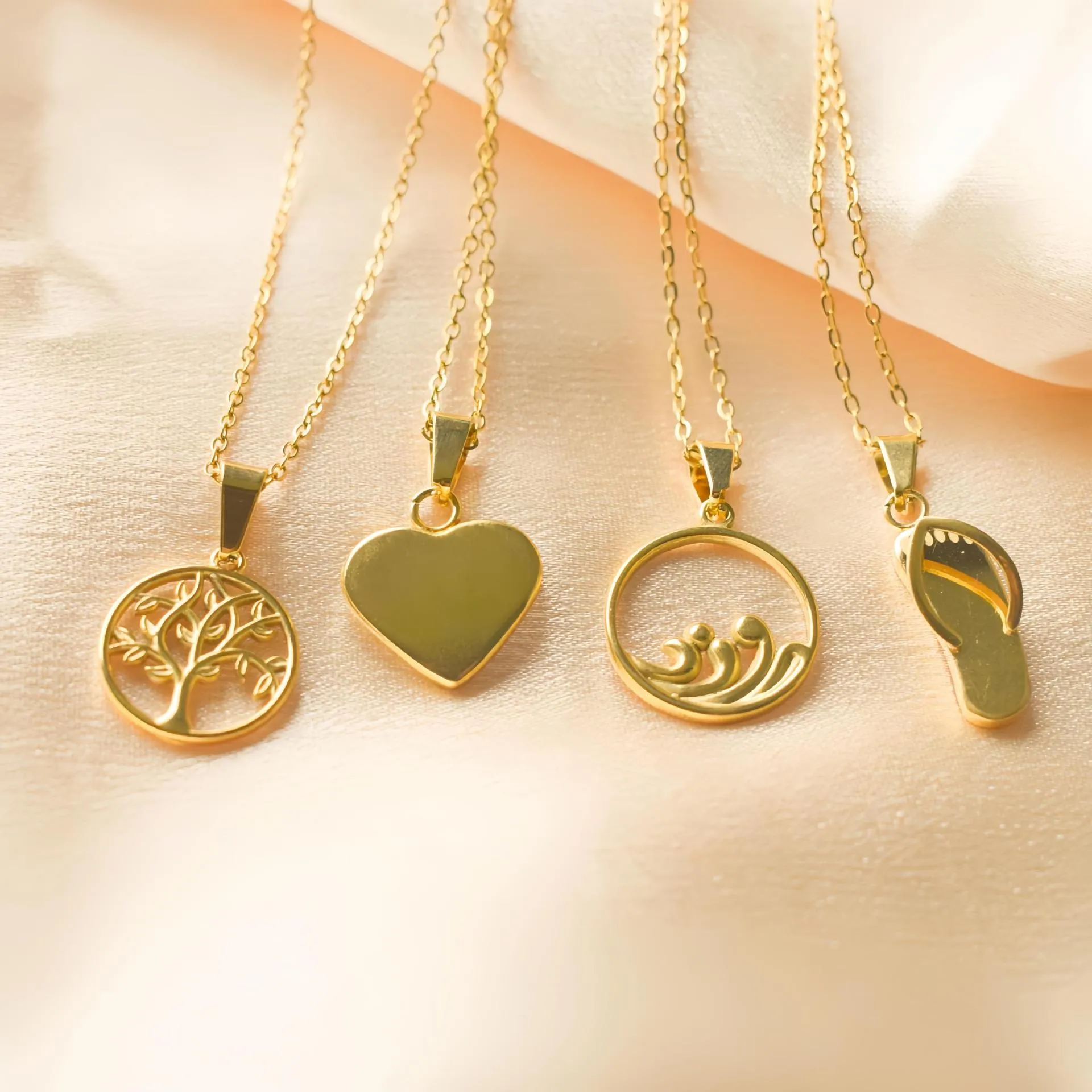 Minimalist Stainless Steel 18K Gold Plated Heart Tree Wave Slipper Pendant Necklace Fashion Jewelry For Women Men