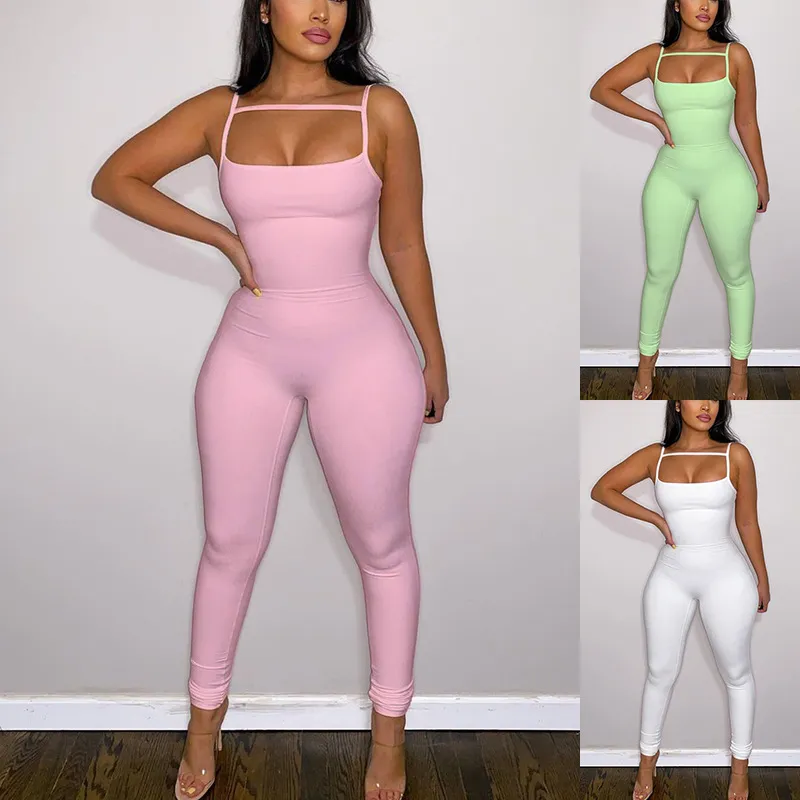 Women's Summer Sexy Slim Fit Ribbed Knit Cami Jumpsuit Solid Color Sleeveless Long Pants Romper Casual Daily Outfit