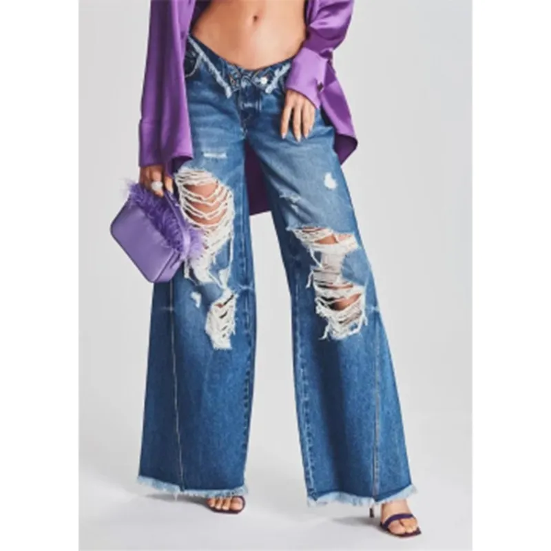 Damen Casual Hohe Taille Weite Beine Jeans Hose Unregelmäßig Gerollter Bund Zerrissen Streetwear Lange Jeans