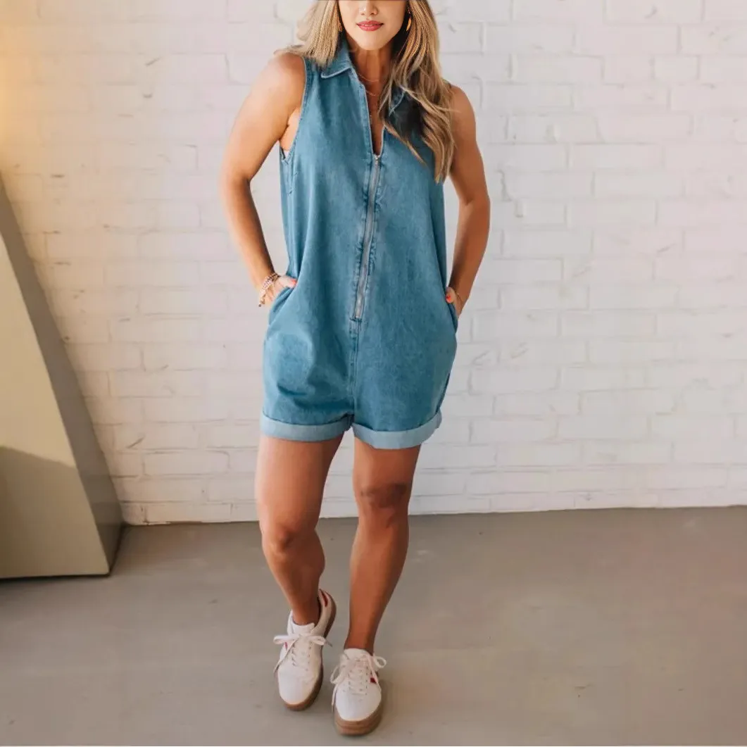 Tuta Corta in Denim di Cotone Casual da Donna Tinta Unita Risvolto Senza Maniche Cerniera Anteriore Moda Estiva