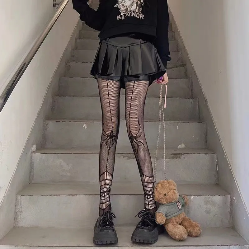 Women Halloween Gothic Spiderweb Skull Print Fishnet Pantyhose Sexy Subculture Black Mesh Tights Party Club Wear Stockings