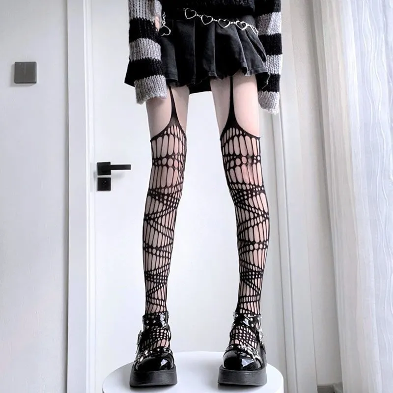 Gothic Punk Fishnet Suspender Stockings Hollow Out Mesh Tights Y2K Harajuku Lolita Black Stockings For Women Fashion Legwear