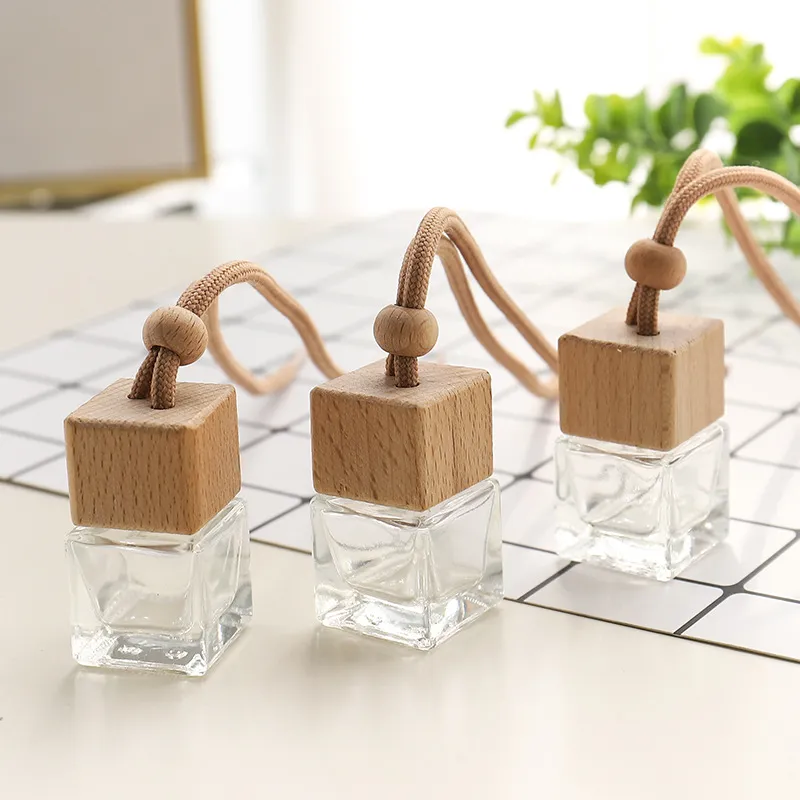 Flacon Vide de Parfum de Voiture Ornement Suspendu pour Rétroviseur Bouteille Carrée en Verre Diffuseur d'Huiles Essentielles